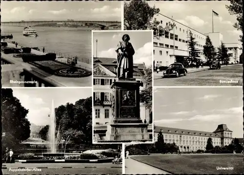 Ak Bonn am Rhein, Rheinpromenade, Bundeshaus, Universität, Poppelsdorfer Allee, Denkmal