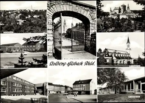 Ak Büsbach Stolberg im Rheinland, Schule, Marienheim, Teilansicht, Burg, St. Hubertus, Markt