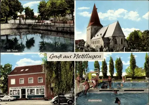 Ak Nettlingen Söhlde in Niedersachsen, Am Teich, Kirche, Badeanstalt, Sparkasse