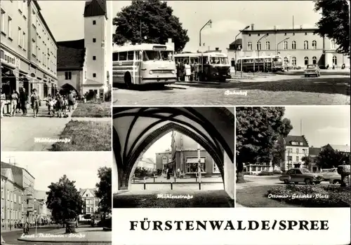 Ak Fürstenwalde an der Spree, Bahnhof, Busse, Mühlenstraße, Ernst Thälmann Straße
