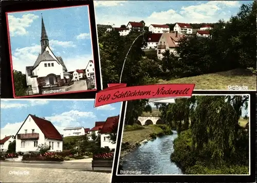 Ak Niederzell Schlüchtern in Hessen, Kirche, Ortspartie, Bach