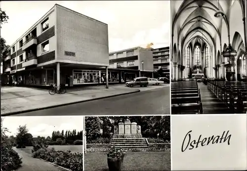 Ak Osterath Meerbusch am Niederrhein, Kirche, Denkmal, Park, Wohnhäuser, Geschäfte