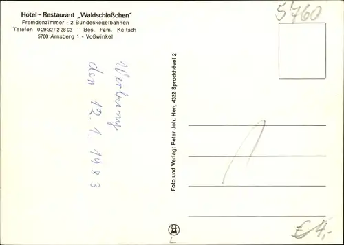 Ak Arnsberg im Sauerland, Restaurant Waldschlößchen, Außen- u. Innenansicht, Esstische, Kegelbahn