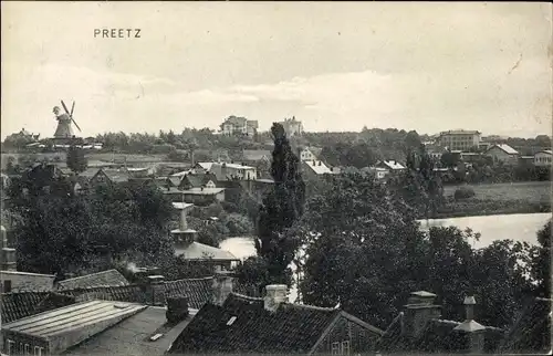 Ak Preetz in Holstein, Teilansicht mit Windmühle