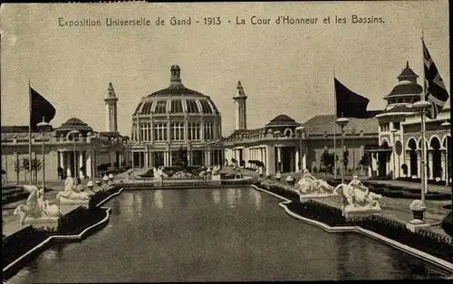 Ak Gand Gent Ostflandern, Exposition Internationale 1913, La Cour d'Honneur et les Bassins