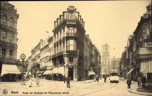 Ak Gand Gent Ostflandern, Coin des Rues de Brabant et de Flandre, Straßenbahn