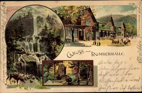 Litho Oker Goslar am Harz, Hotel Romkerhalle, Außenansicht, Pferdekutsche, Waldansicht, Hirsch