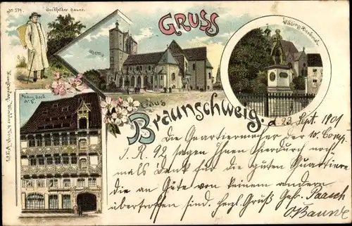 Litho Braunschweig in Niedersachsen, Bordfelder Bauer, Lessingdenkmal, Haus Sack, Dom