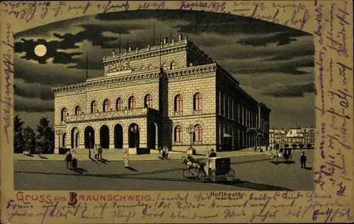 Mondschein Litho Braunschweig in Niedersachsen, Hoftheater bei Nacht