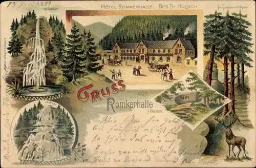 Litho Goslar in Niedersachsen, Hotel Romkerhalle, Okertal, Wasserfall, Feigenbaumklippe, Hirsch