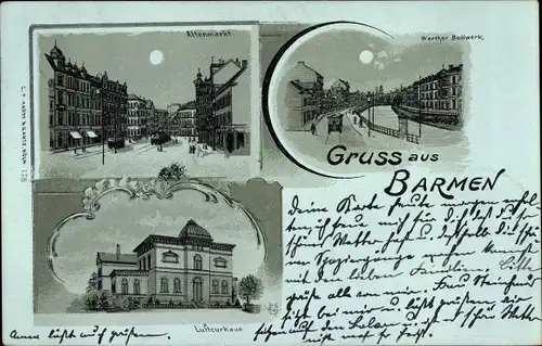 Mondschein Litho Barmen Wuppertal, Altenmarkt, Werther Bollwerk, Luftkurhaus, Nacht