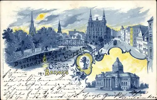 Mondschein Litho Barmen Wuppertal, Stadt bei Nacht, Ruhmeshalle