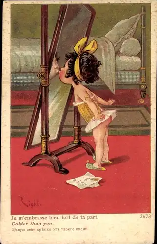 Künstler Ak Right, Je m'embrasse bien fort de ta part, Kuss, Spiegel, Mädchen
