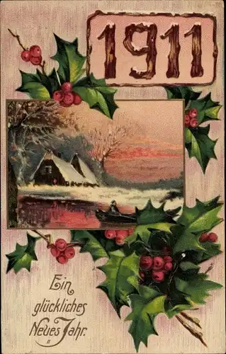 Ak Glückwunsch Neujahr 1911, Stechpalme, Dorfpartie, Ruderboot