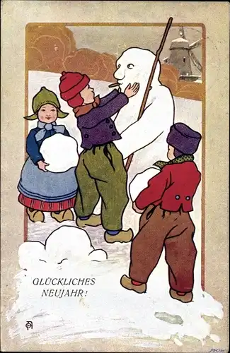 Künstler Ak Glückwunsch Neujahr, Kinder in niederländischer Tracht, Schneemann, Windmühle