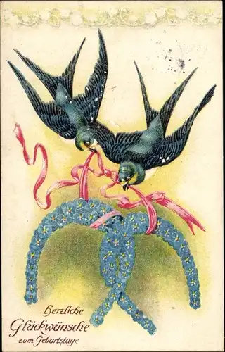 Präge Ak Glückwunsch Pfingsten, Schwalben, Hufeisen, Vergissmeinnicht