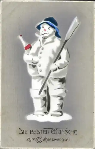 Ak Glückwunsch Neujahr, Schneemann, Sektflasche, Pfeife
