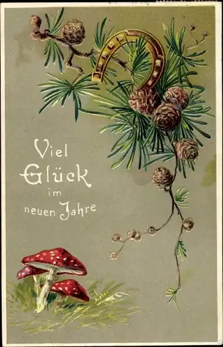 Präge Ak Glückwunsch Neujahr, Tannenzapfen, Pilze, Hufeisen