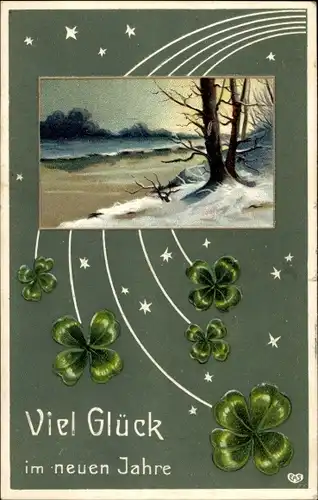 Präge Ak Glückwunsch Neujahr, Dorfpartie, Bäume, Glücksklee