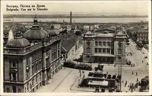 Ak Beograd Belgrad Serbien, Vue sur le Danube, Denkmal, Straßenbahn