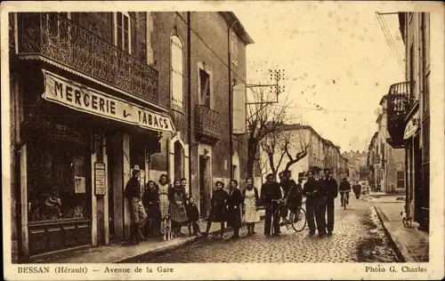 Ak Bessan Hérault, Avenue de la Gare, Mercerie, Tabac
