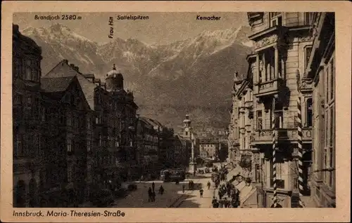 Ak Innsbruck in Tirol, Maria Theresien Straße, Brandjoch, Sattelspitzen, Kemacher