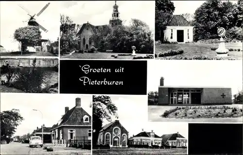 Ak Pieterburen Groningen Niederlande, Straßenpartie, Windmühle, Kirche