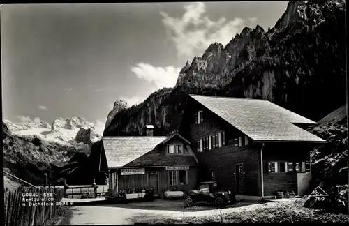 Ak Gosau in Oberösterreich, Gosau See, Restaurant mit Dachstein