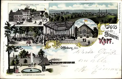 Litho Offenburg in Baden Schwarzwald, Bierbrauerei Kopf, Biergarten, Stadtmauer, Kopf-Halle