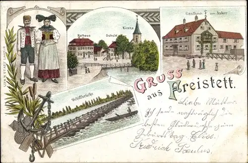 Litho Freistett Rheinau in Baden, Rathaus, Schule, Kirche, Gasthaus zum Anker, Schiffbrücke, Tracht