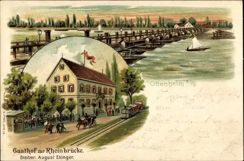 Litho Ottenheim Schwanau in Baden, Gasthof zur Rheinbrücke, Schiffbrücke