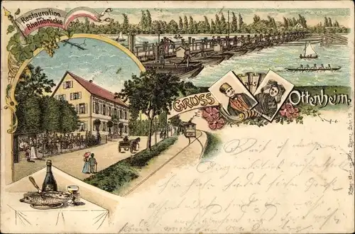Litho Ottenheim Schwanau in Baden, Restauration zur Rheinbrücke, Schiffbrücke, Trachtenpaar