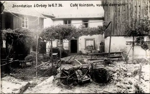 Foto Ak Orbey Urbeis Elsass Haut Rhin, Inondation 1936, Café Voinson