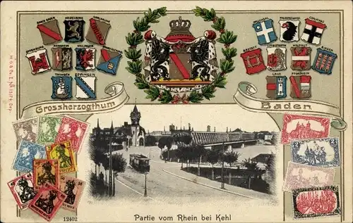 Präge Wappen Briefmarken Passepartout Ak Kehl am Rhein, Rheinbrücke, Großherzogtum Baden