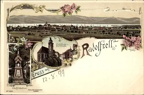 Litho Radolfzell am Bodensee, Panorama, Scheffeldenkmal, Stadtkirche, Marktplatz