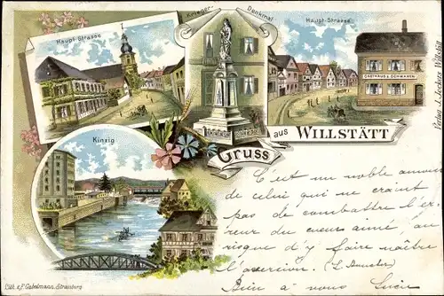 Litho Willstätt in Baden, Hauptstraße, Kirche, Kriegerdenkmal, Gasthaus zum Schwanen, Kinzig