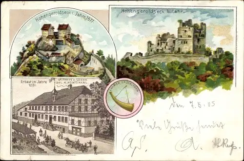 Litho Schönberg Seelbach in Baden Württemberg, Burg Hohengeroldseck, Gasthaus zum Löwen, Horn