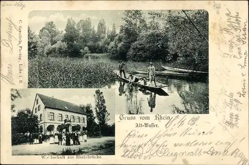 Ak Ottenheim Schwanau in Baden, Wirtschaft zur Rheinbrücke, Rhein Altwasser, Boot