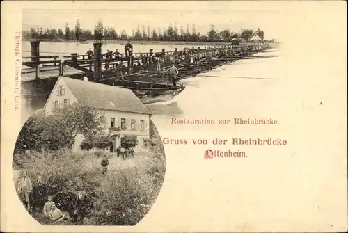 Ak Ottenheim Schwanau in Baden, Restauration zur Rheinbrücke, Schiffbrücke