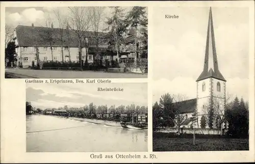 Ak Ottenheim Schwanau am Rhein Baden, Kirche, Rheinbrücke, Gasthaus zum Erbprinzen