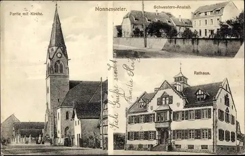 Ak Nonnenweier Schwanau in Baden, Kirche, Schwesternanstalt, Rathaus