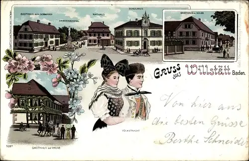 Litho Willstätt in Baden, Gasthaus zur Krone, zum Adler, zum Schwanen, Schule, Rathaus, Tracht