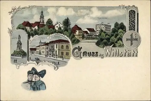Litho Willstätt in Baden, Kriegerdenkmal, Kaufhaus Marquart, Kunstmühle, Zum Adler, Tracht