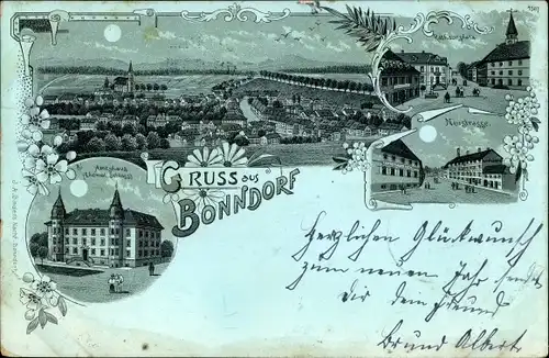 Mondschein Litho Bonndorf im Schwarzwald, Panorama, Amtshaus, Schloss, Rathausplatz, Neustraße