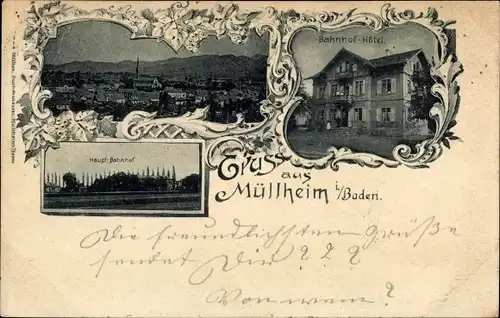 Ak Müllheim in Baden Markgräflerland, Panorama, Hauptbahnhof, Bahnhof Hotel