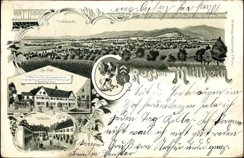 Litho Müllheim in Baden Markgräflerland, Alte Post, Marktplatz, Totalansicht