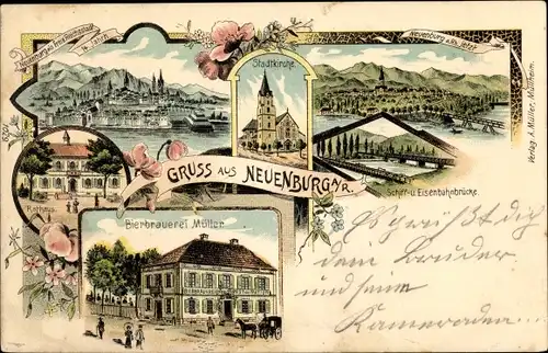 Litho Neuenburg am Rhein Baden, Schiffbrücke, Stadtkirche, Rathaus, Bierbrauerei Müller, Panorama