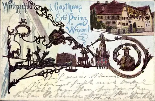 Litho Weisweil am Rhein Baden, Gasthaus zum Erbprinz, Wirthsschild