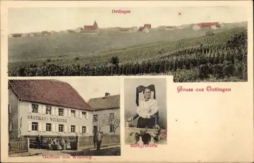 Ak Ötlingen Weil am Rhein, Gesamtansicht, Gasthaus zum Weinberg, Markgräflerin in Tracht