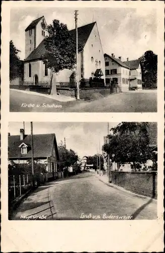 Ak Bodersweier Kehl am Rhein, Kirche, Schulhaus, Hauptstraße